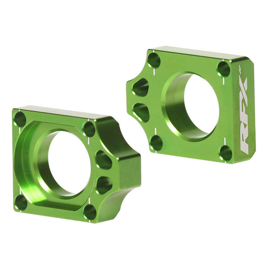 RFX Pro Rear Axle Adjuster Blocks Green Kawasaki KX250 17-24 KX450 16-24