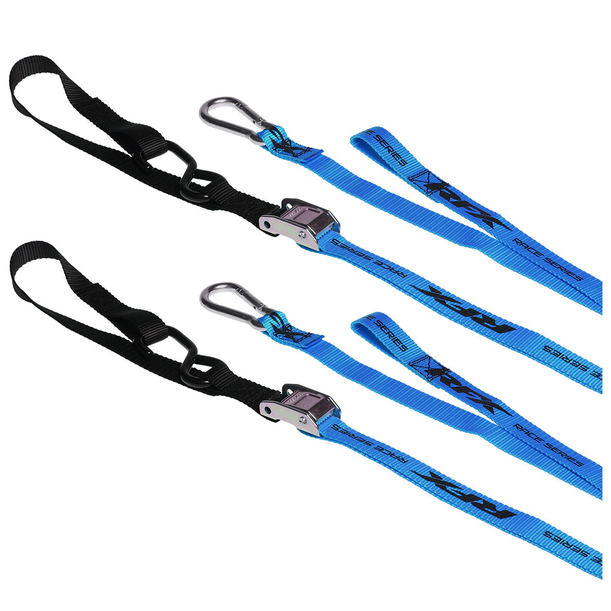 RFX Race Series 1.0 Tie Downs (Blue/Black) with extra loop and carabiner clip