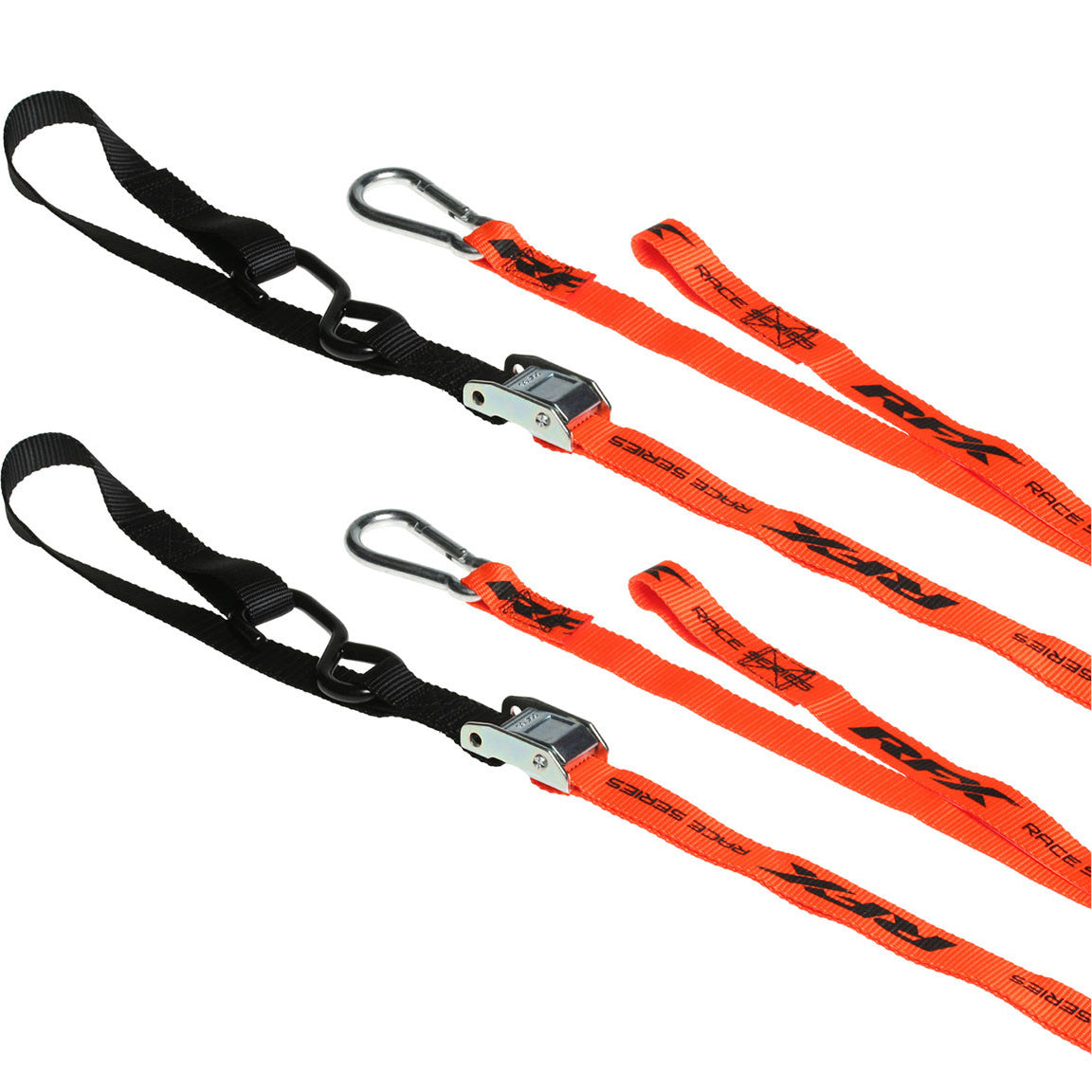 RFX Race Series 1.0 Tie Downs (Orange/Black) with extra loop and carabiner clip